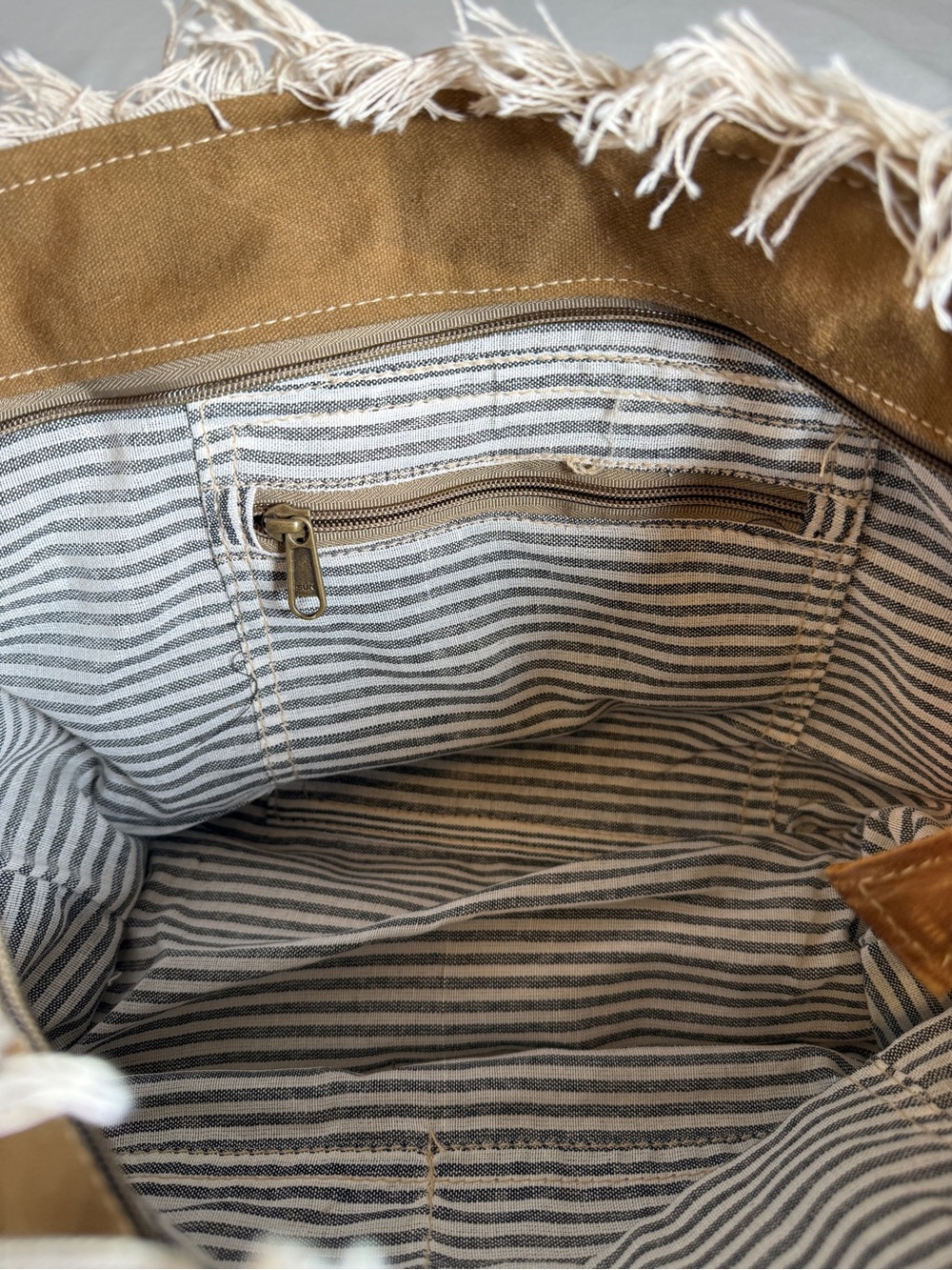 Myra Bag Upcycled Canvas Graphic Tote with Leather Handles and Fringe - Picture 8 of 12